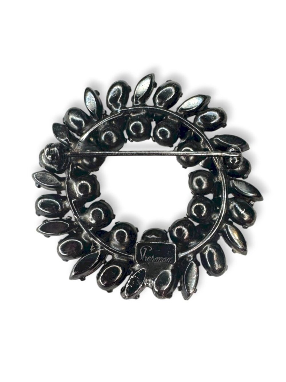 Sherman Vintage Siam Red AB Rhinestone Japanned Wreath Brooch Pin 1.61" Flaw - Picture 3 of 14